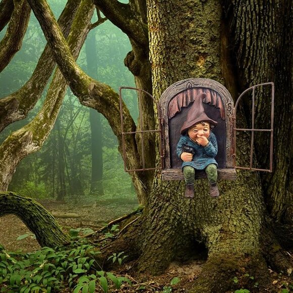 NEW Garden Gnome Statue, Elf Out The Door Tree Hugger -5.9", Funny Garden Tree - Picture 4 of 8